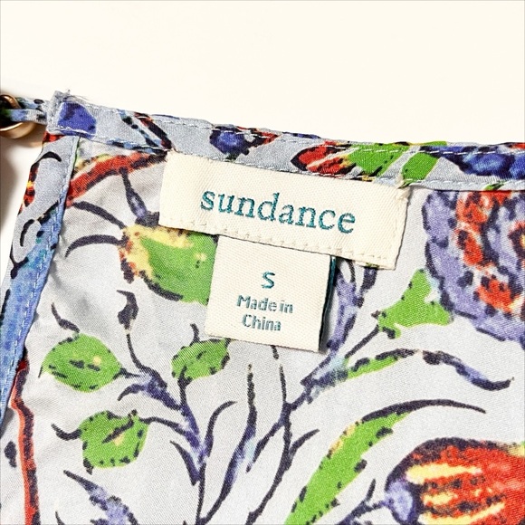 Sundance 100% Silk Izmir Top Small floral printed peacock short sleeve boho blue - Picture 8 of 11